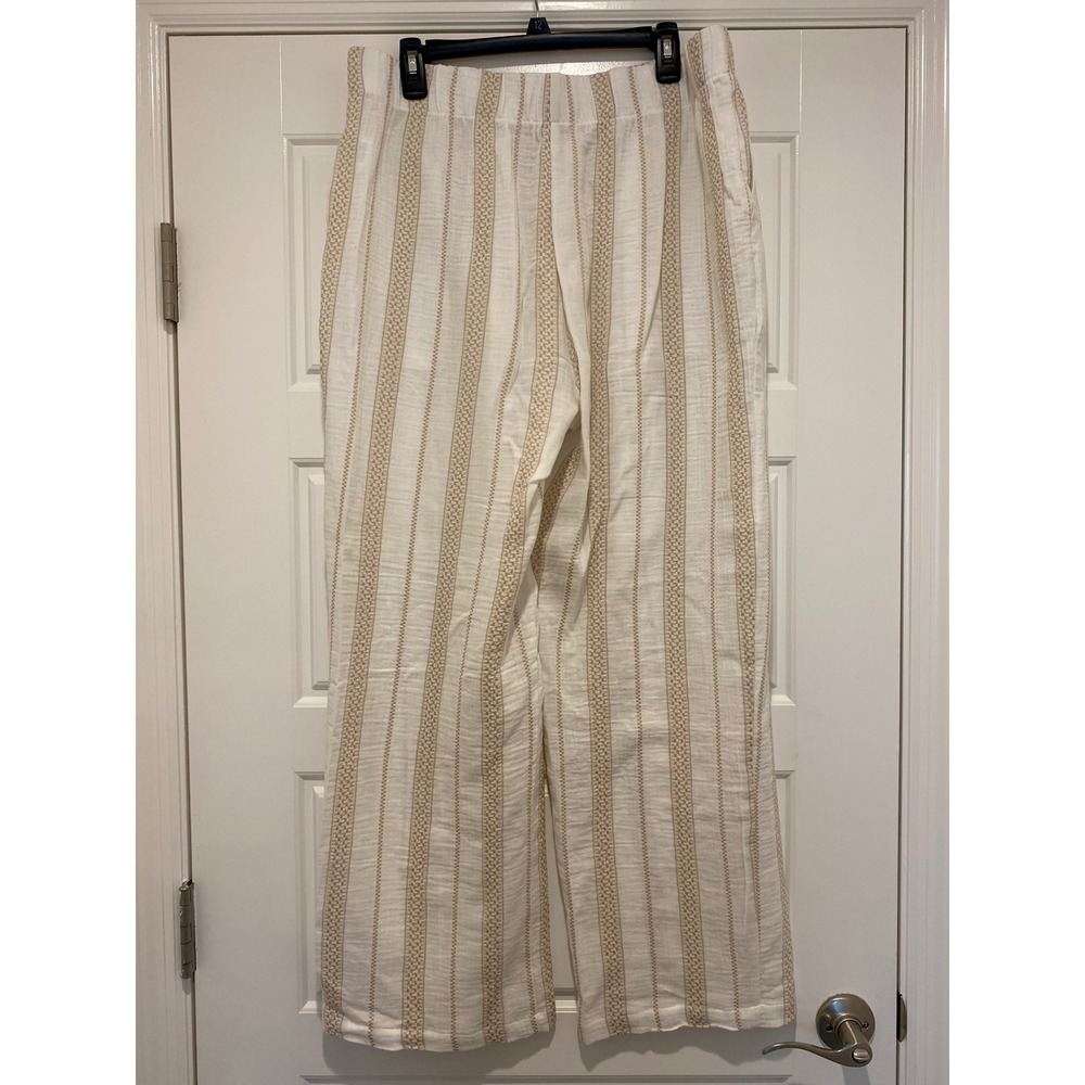Coastal Comfort XL Cotton Gauze Striped Wide Leg Pants Cream Tan Elastic Waist - Picture 4 of 10
